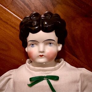 Antique 1880s German Lowbrow China Head Doll 16“  Original Cloth Body As Is